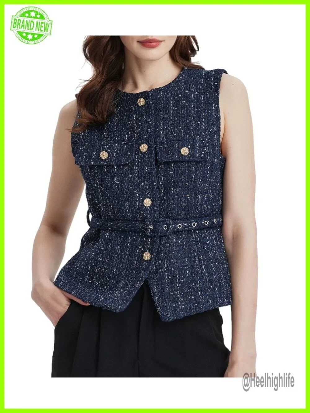 Tweed Blazer Vest Sleeveless Button Down Business Office Waistcoat With Belt